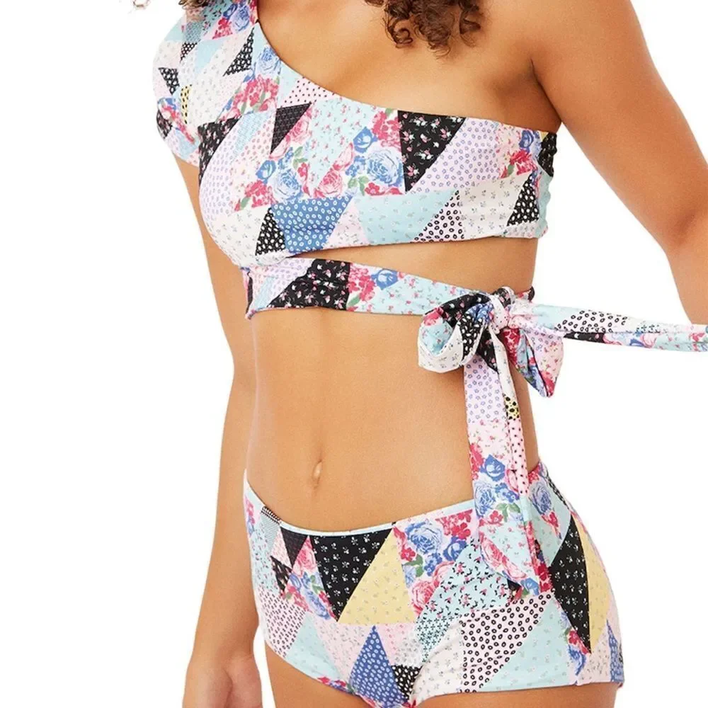 Frankies Bikinis Patchwork Halterneck Bikini Top and Puck Bikini Bottom Medium